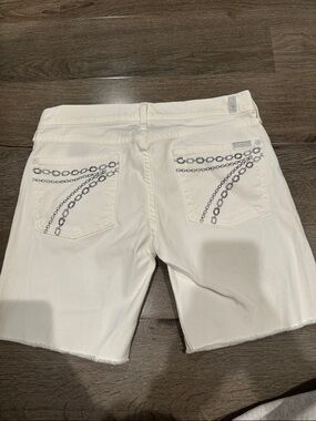 7 For All Mankind White Denim Bermuda Shorts with Chain Embellished Pockets